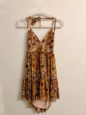 NWT $198 Free People Beige & Brown Leaves Low Back Tiered Halterdress